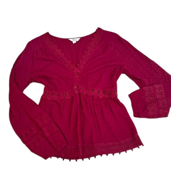 Takara v neck burgundy red blouse crochet trim balloon sleeve lightweight large - Picture 2 of 8